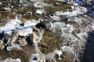 冬の風景/表面がやや凍った川(長野県)