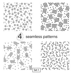 Set of patterns, line black on white backdrop. Outline abstract art textures. Bundle template. Pattern geometric style. Print, design element. Seamless fabric texture. Fashion 80s, 90s. Vector