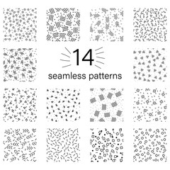 Set of patterns, line black on white backdrop. Outline abstract art textures. Bundle template. Pattern geometric style. Print, design element. Seamless fabric texture. Fashion 80s, 90s. Vector