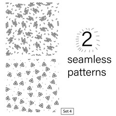 Set of patterns, line black on white backdrop. Outline abstract art textures. Bundle template. Pattern geometric style. Print, design element. Seamless fabric texture. Fashion 80s, 90s. Vector