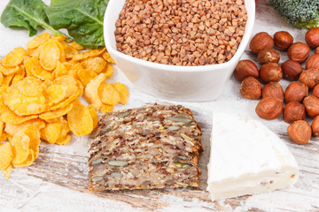 Healthy ingredients as source minerals, vitamin B2 and dietary fiber, nutritious eating concept