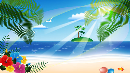 壁紙16X9（夏の海とハイビスカス）