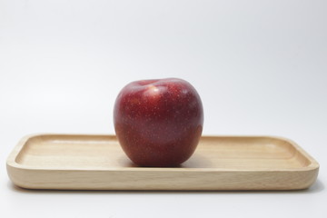 Red Apple on Wood Tray, White Background