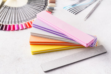 Cosmetic accessories for manicure. Nail files, swatch palettes.
