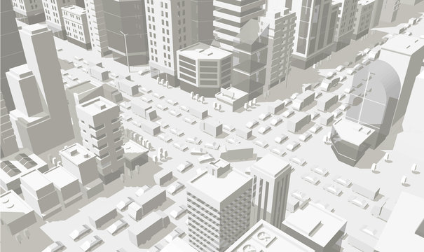 3d city buildings background street In light gray tones. Road Intersection. High detail city projection view. Cars end buildings top view. Vector illustration. Horizontal rectangular banner format.