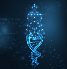 Blue abstract background with luminous DNA molecule, neon helix and human body.