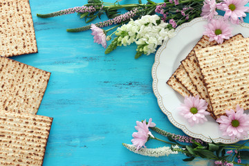 Pesah celebration concept (jewish Passover holiday). Top view, flat lay
