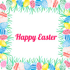 Watercolor illustration happy Easter. Easter multicolored eggs. Easter frame. Lettering Happy Easter