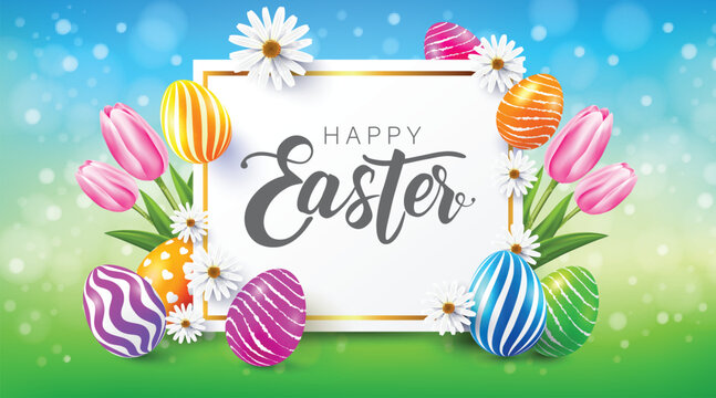 Happy Easter Poster and template with colorful Easter Eggs and flower.Greetings and presents for Easter Day.Promotion and shopping template for Easter Day.Vector illustration EPS10