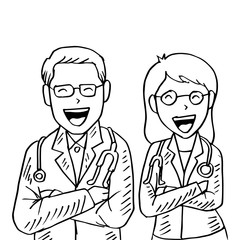 Cartoon of male and female doctors.