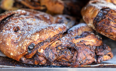Sweet bakery product with chocolate and almonds for sale at Jerusalem local bakery store