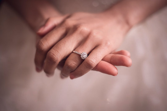 Hands of tender bride. Engagement ring. gentle - Image