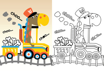 dinosaurs on train, vector cartoon, coloring book/page
