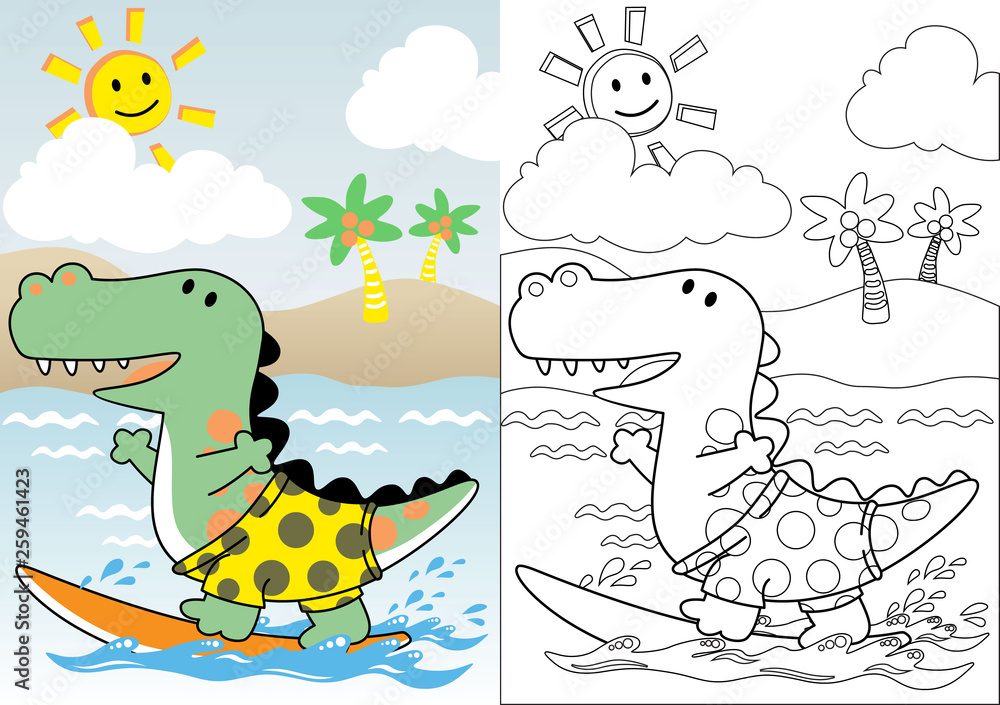 Wall mural dinosaurs the surfer, coloring book or page, vector cartoon