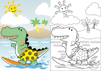 dinosaurs the surfer, coloring book or page, vector cartoon