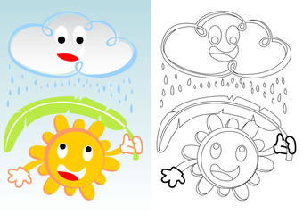 Funny sun at raining with cute cloud, vector cartoon, coloring book or page