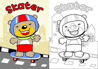 Nice bear cartoon the skateboarder, vector cartoon, coloring book or page