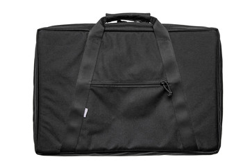 Naklejka premium Modern black backpack over his shoulder isolated on white back