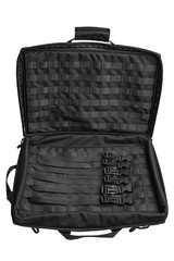 Naklejka premium Modern black backpack over his shoulder isolated on white back