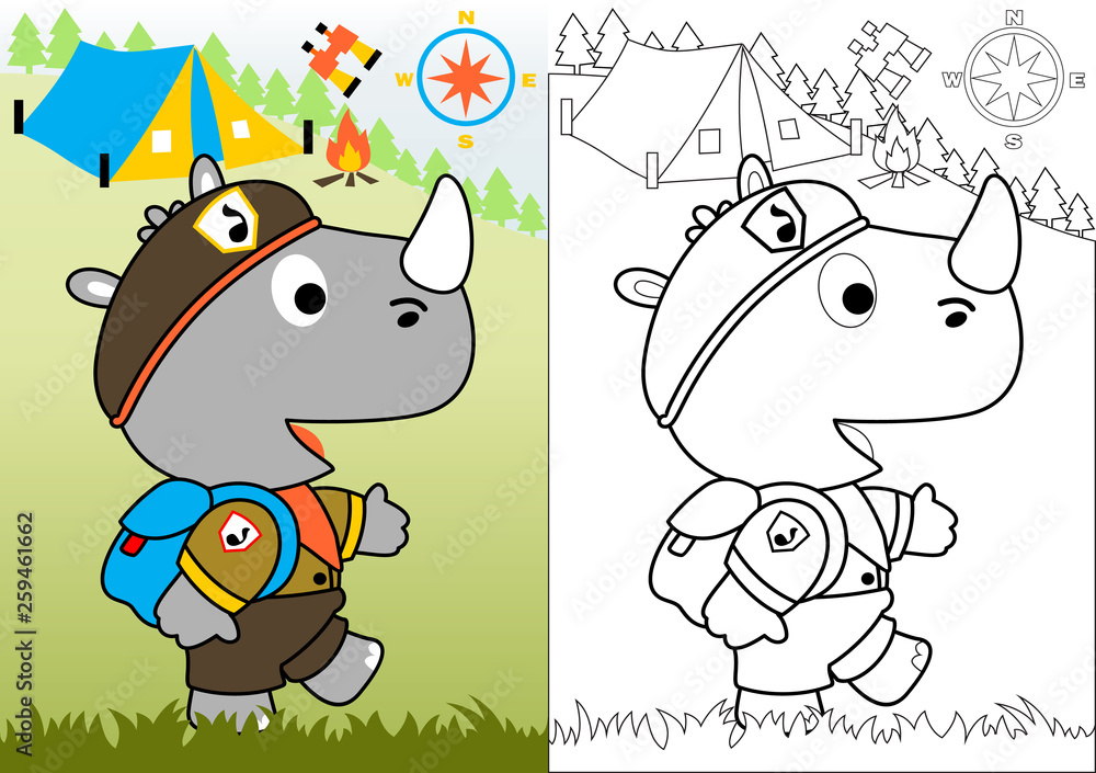 Wall mural day scout with little rhinoceros, vector cartoon illustration, coloring book or page