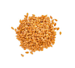 Golden flax seeds on a white background