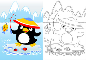 Fishing time with funny penguin, Vector cartoon illustration, coloring book or page