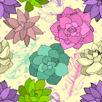 Vector Succulents floral botanical flower. Engraved ink art. Seamless background pattern.