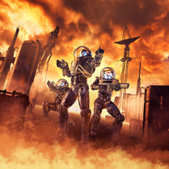 Assault on Arcturus / 3D illustration of science fiction scene showing heroic space marine astronauts with laser pulse rifles advancing through blazing inferno on alien planet © grandeduc