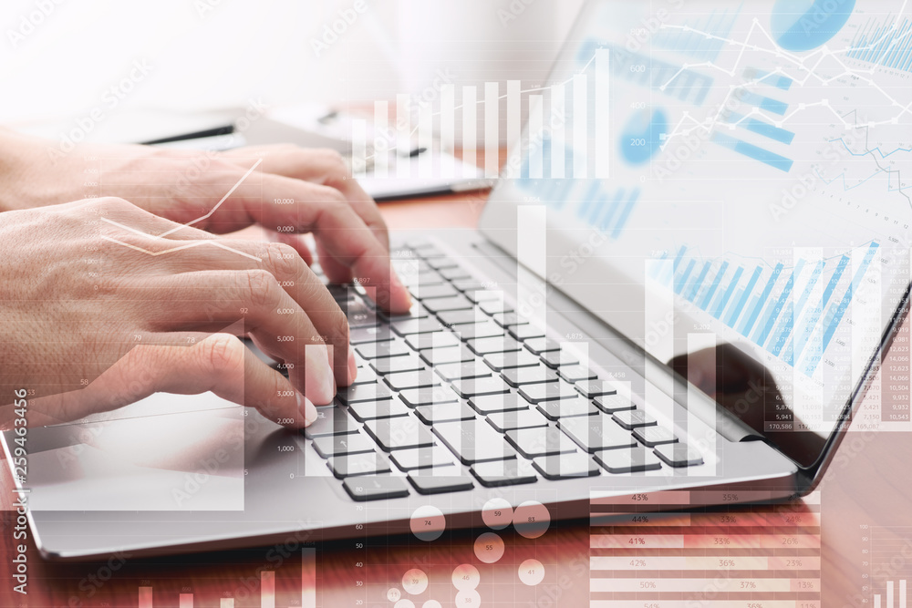 Poster business intelligence concept. businessman using laptop for analysis. laptop and many graphs.