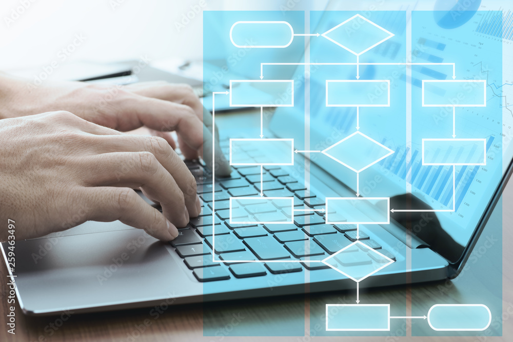 Poster business process management concept. businessman using laptop preparing reports.laptop and work flow