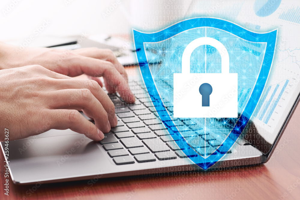 Poster Network security system and internet data security concept.Businessman using laptop.