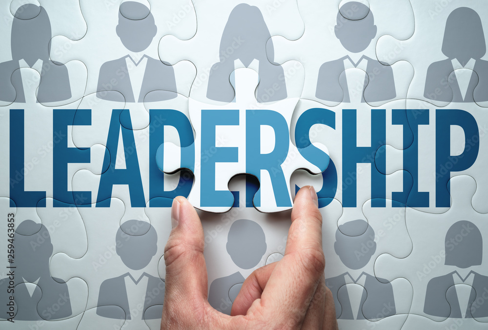 Poster business leadership concept. building team and effecting solution. connecting last jigsaw puzzle pie