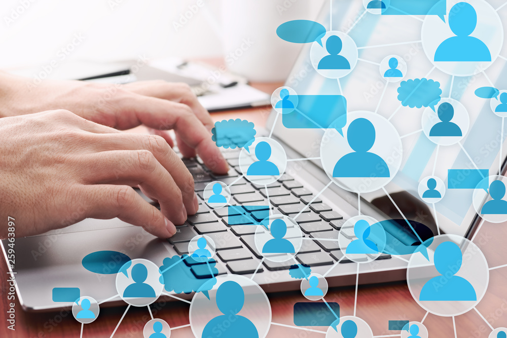 Poster Communication in social media. Online people network structure. Man sending message by laptop.