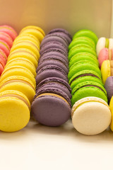 Many beautiful colored macarons in the box