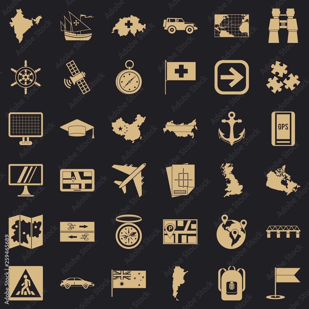 Poster mark cartography icons set. simple style of 36 mark cartography vector icons for web for any design