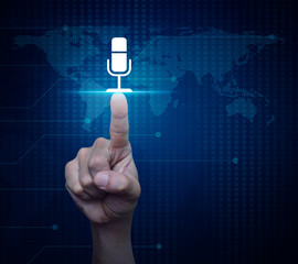 Hand pressing microphone flat icon over digital world map technology style, Business communication concept, Elements of this image furnished by NASA