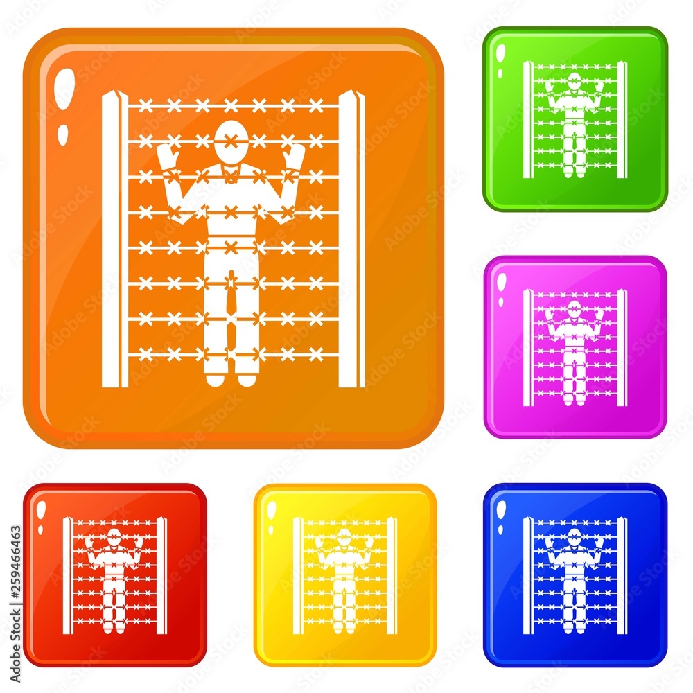 Poster migrant man at border icons set collection vector 6 color isolated on white background