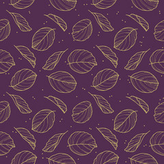 Elegant seamless pattern with drawn Calathea Prayer Plant leaf outlines in golden color on dark violet background