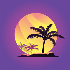 Fototapeta na wymiar Palm tree on yellow sun and purple sky background. Coconut palm tree on background golden sunset in evening sky