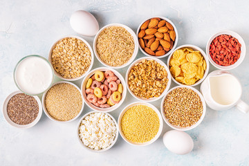 Ingredients for healthy breakfast, top view.