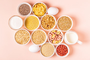 Ingredients for healthy breakfast, top view.