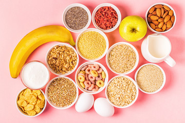 Ingredients for healthy breakfast, top view.