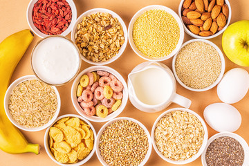 Ingredients for healthy breakfast, top view.