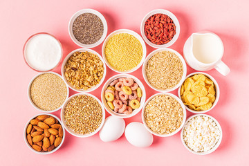 Ingredients for healthy breakfast, top view.
