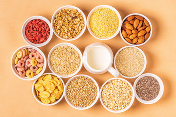 Ingredients for healthy breakfast, top view.