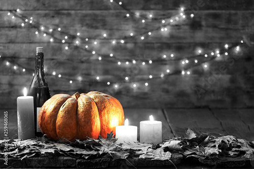 Thanksgiving, pumpkin, Thanksgiving Day, Halloween festival, Autumn festival, wine, candles, autumn leaves, garland, Copy space, holiday scenes, harvest, Thanksgiving, fall, November, autumn