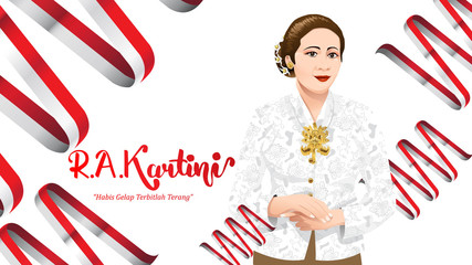 Obraz premium Kartini Day, R A Kartini the heroes of women and human right in Indonesia. banner template design background. - Translation of text : Out of dark comes light. - Vector