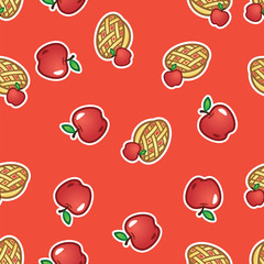 Pattern apple pie on red background. Sweet and tasty baked fruit pie from red apples seamless pattern.