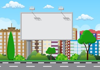 Empty urban big board or billboard with lamp. Blank mockup. Marketing and advertisement. Cityscape background with buildings, sky and clouds. Vector illustration in flat style
