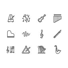 Simple set music instrument and equipment illustration line icon. Contains such icons violin, piano, harp, saxophone, flute, metronome, treble clef, sheet music, musical note.